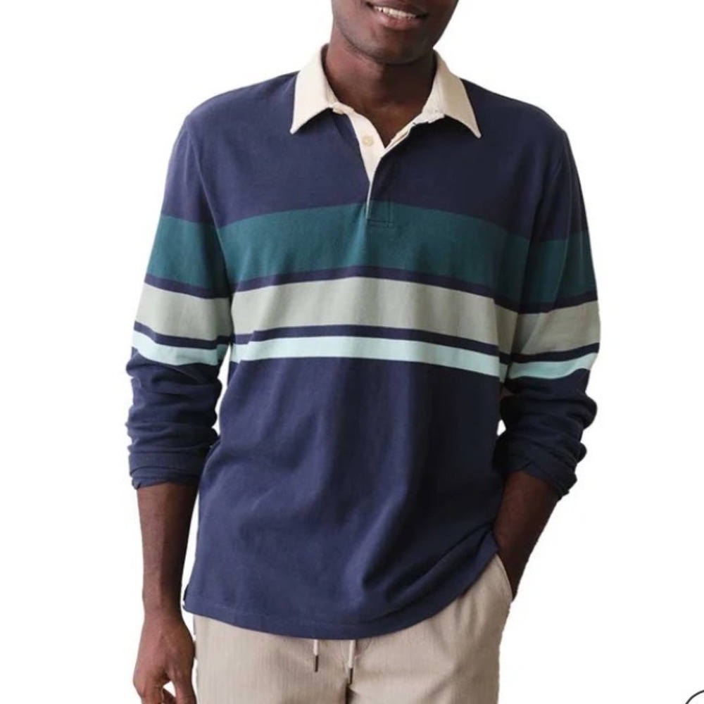 Marine Layer Sueded Rugby Polo Navy Green Stripe Medium New With Tags